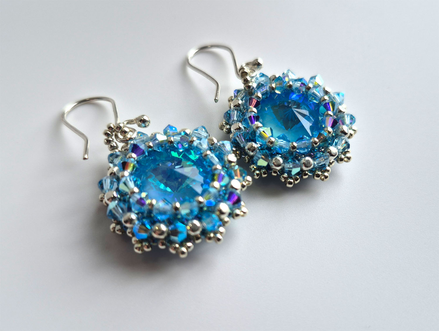 Ultra Blue AB Primero Austrian Crystal with Swarovski crystal beads on Sterling Silver fish hook earring findings