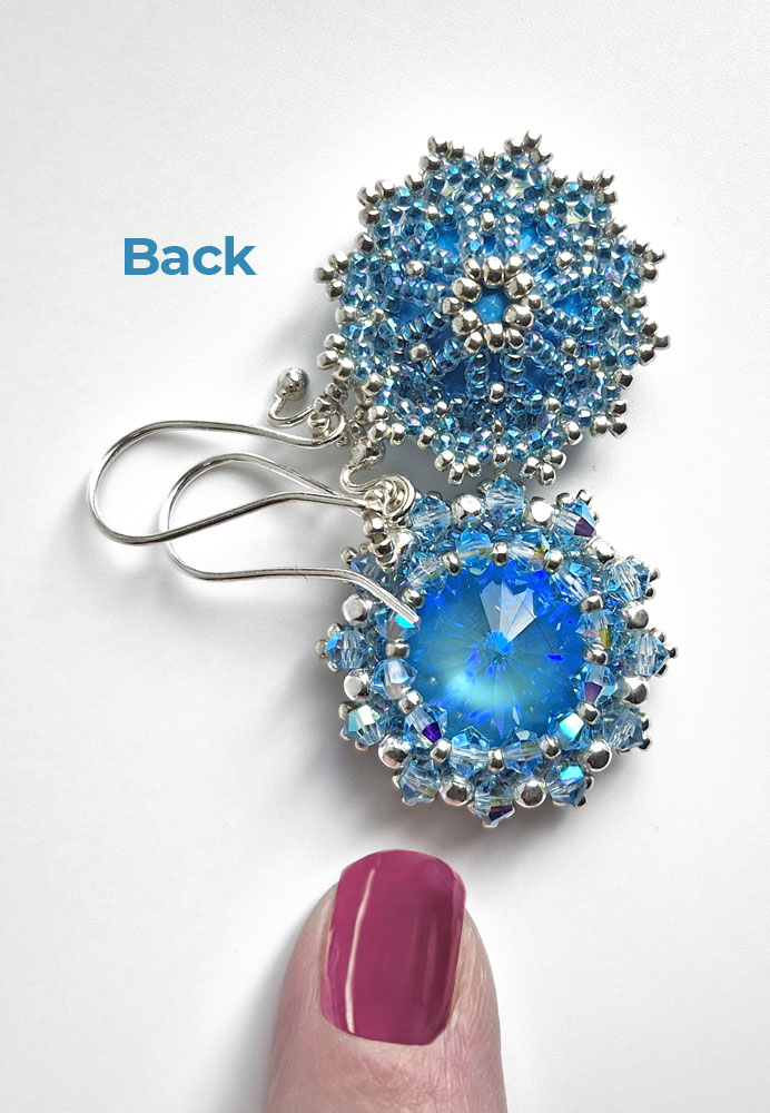 Showing Back and Front of the Ultra Blue AB Primero Austrian Crystal with Swarovski crystal beads on Sterling Silver fish hook earring findings