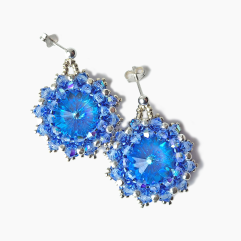 Ocean Blue Primero Austrian Crystal with Swarovski crystal beads on Sterling Silver studs