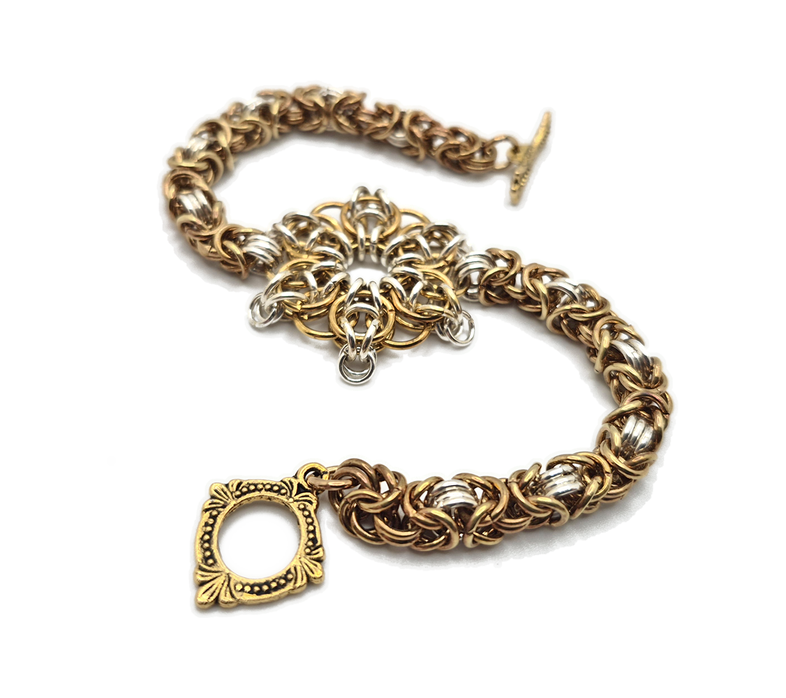 Gold & Silver chainmaille bracelet with flower center