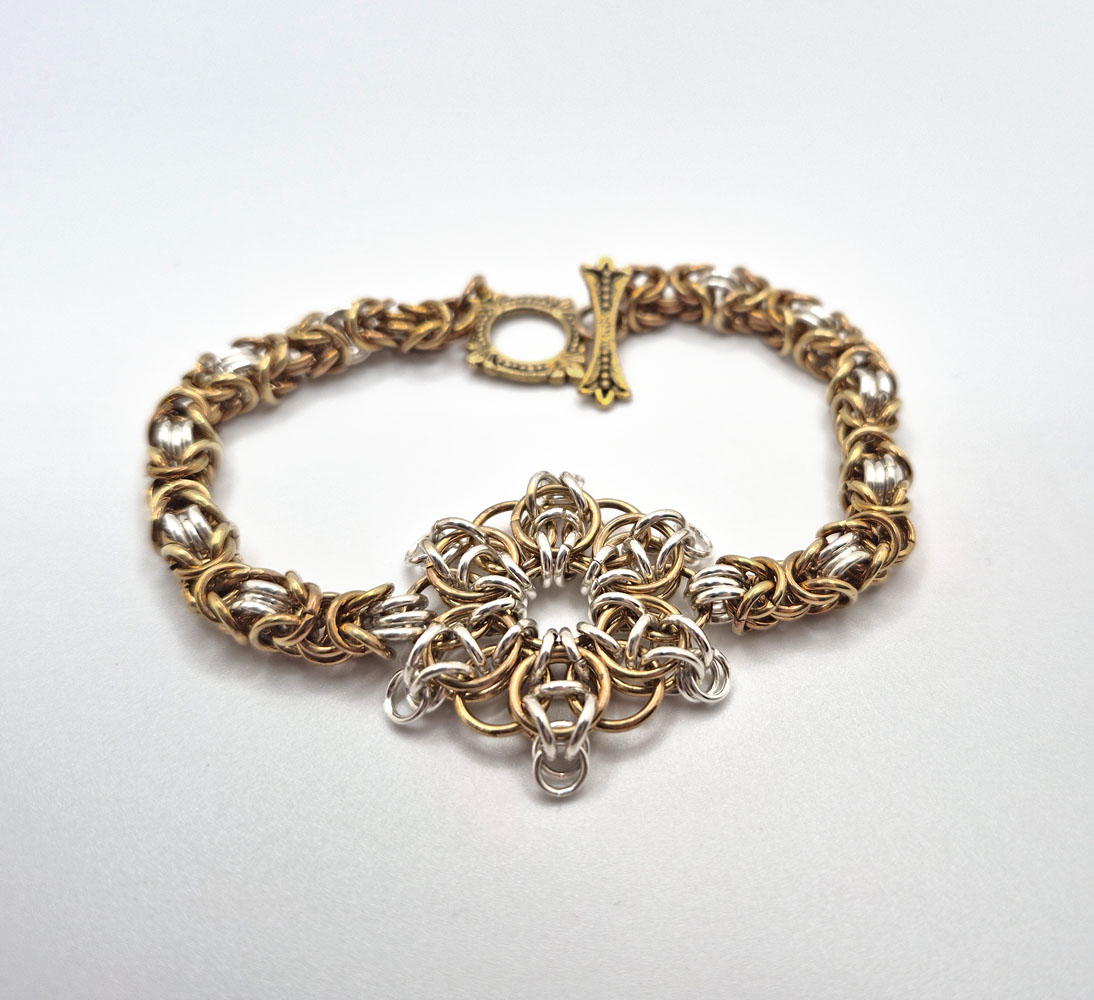 Gold & Silver chainmaille bracelet with flower center