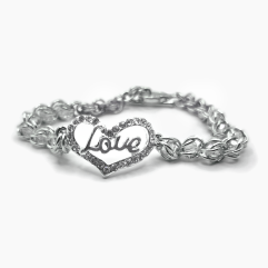 Heart 'Love' charm captive crystal silver plated chainmaille bracelet for small wrist. (Sizes5.5-6)