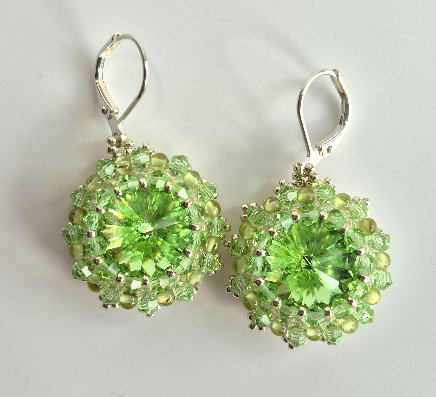 Peridot and Swarovsky Crystal Earrings 1 inch in size on silver