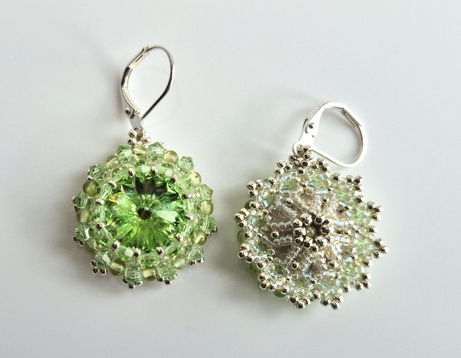 Front and Back of Peridot and Swarovsky Crystal Earrings 1 inch in size on silver