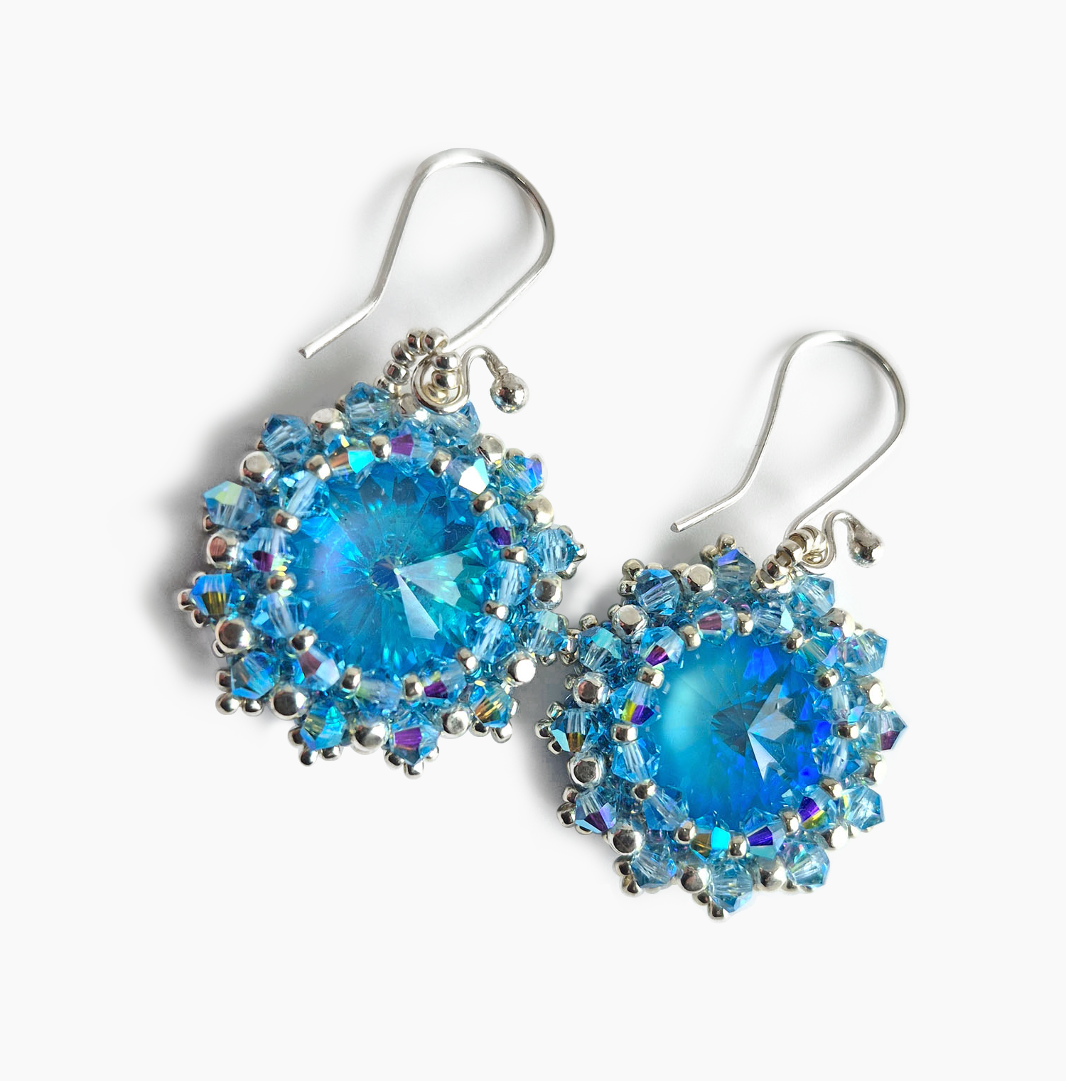 Ultra Blue AB Primero Austrian Crystal with Swarovski crystal beads on Sterling Silver fish hook earring findings